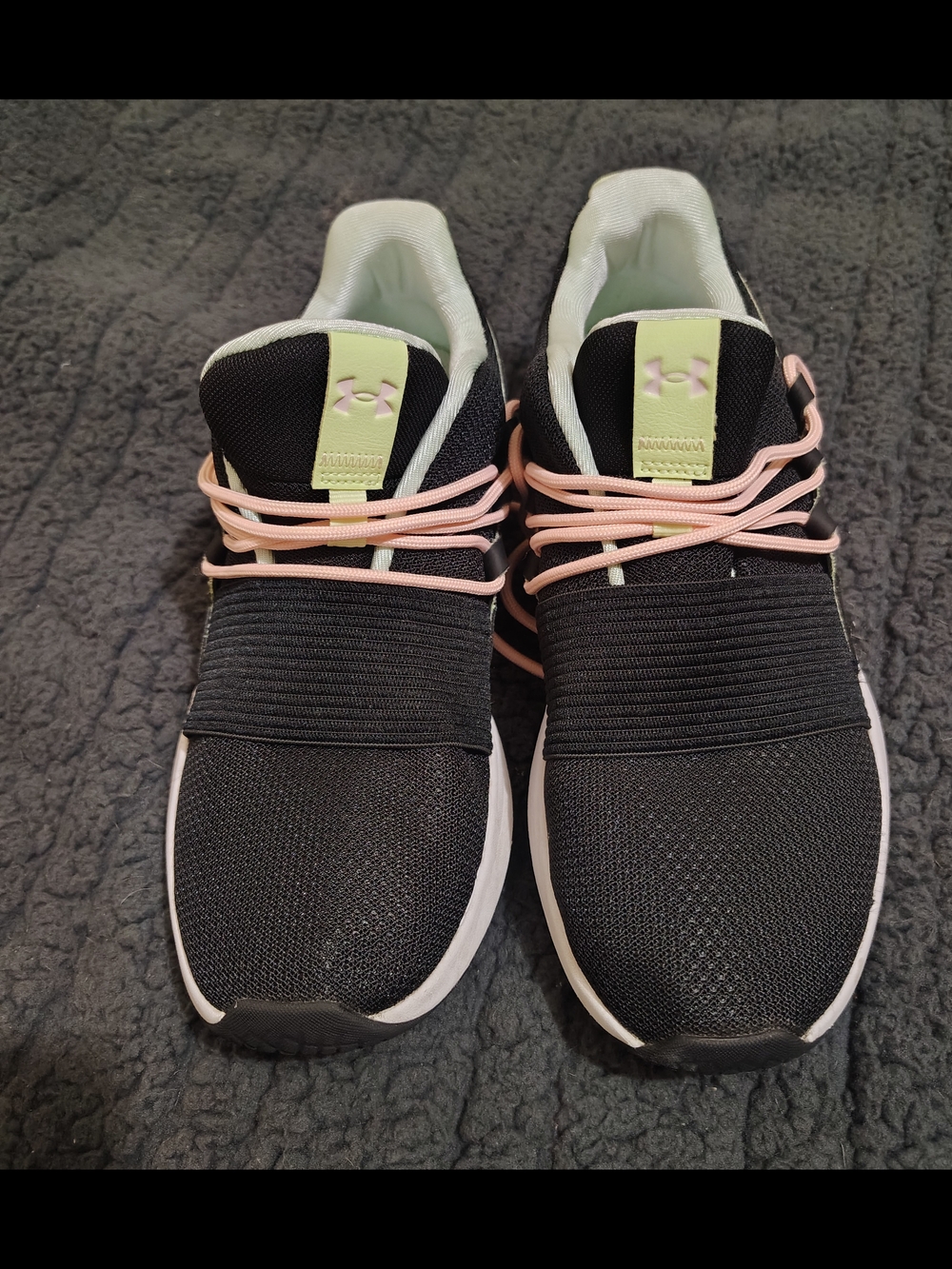 Under Armour Women’s Black Knit Slip-On Sneakers with Pink Laces and Mint Tongue